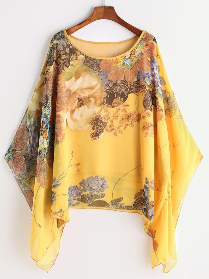 Shein Florals Kimono Sleeve Chiffon Blouse