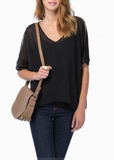 Rosewe Casual Style V Neck Cutout Design Black Tees
