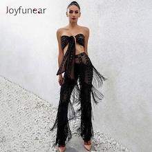 Shein Knot Front Bandeau Top And Layered Fringe Sheer Pants Set