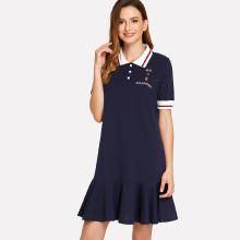 Shein Letter Embroidered Stripe Contrast Ruffle Hem Dress