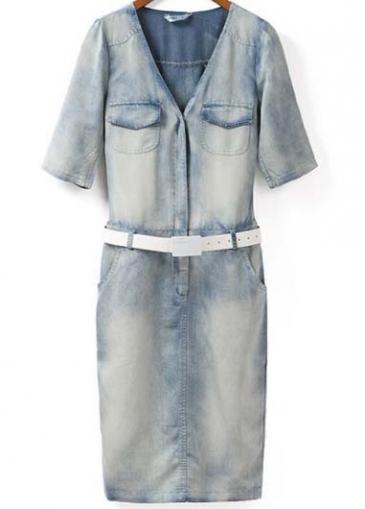 Rosewe Pretty V Neck Short Sleeve Denim Dress With Zip