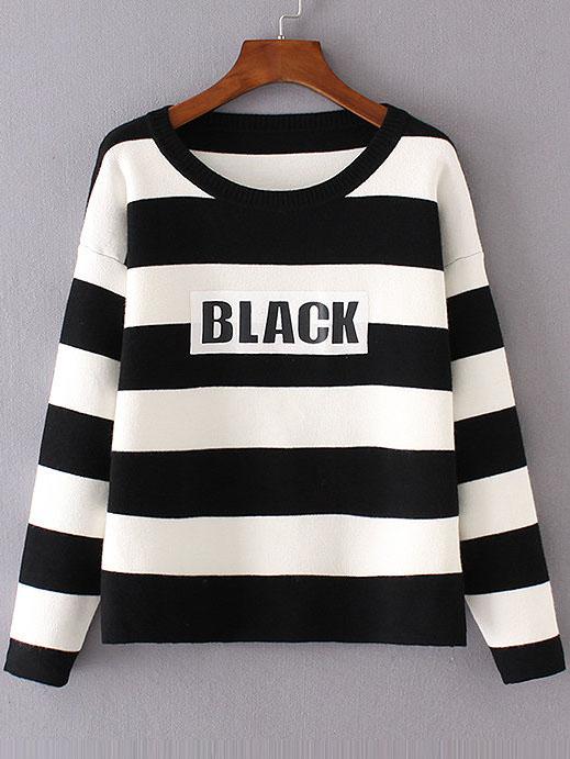 Shein Black Striped Letter Print Drop Shoulder Sweater