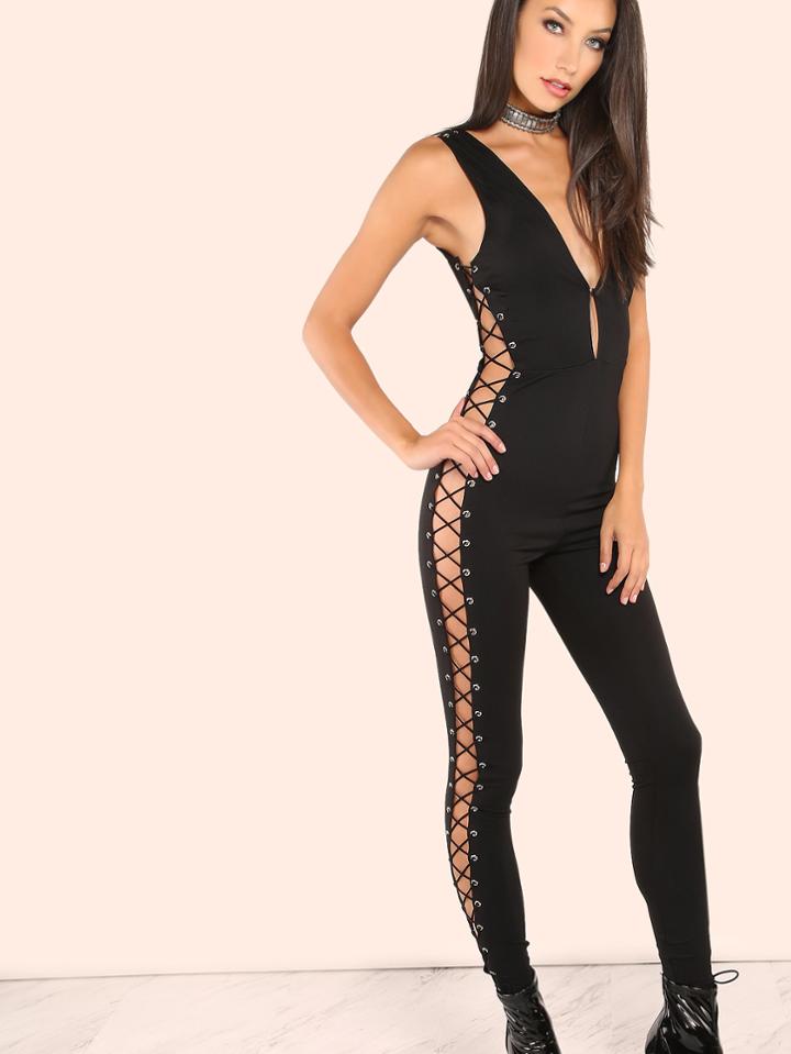 Shein Plunging Eyelet Lace Up Jumpsuit Black