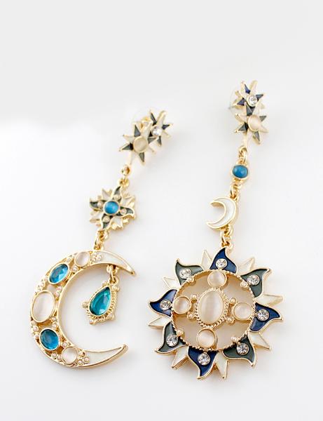 Shein Blue White Gemstone Gold Moon Sun Star Earrings