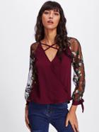 Shein Floral Embroidered Lace Panel Criss Cross Surplice Blouse