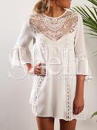 Shein White V Back Bell Sleeve With Lace Dress