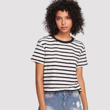 Shein Scalloped Applique Striped Tee