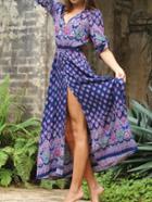 Shein Blue Adjustable Sleeve And Waist Boho Dress