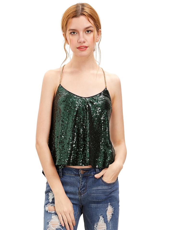 Shein Dark Green Criss Cross Sequined Cami Top
