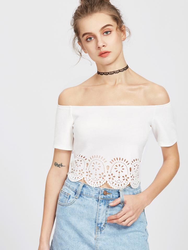 Shein Bardot Neckline Scallop Laser Cutout Top