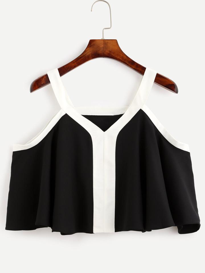Shein Black Cold Shoulder Contrast Trim Ruffle Blouse