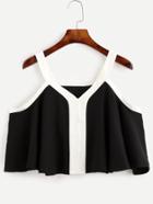 Shein Black Cold Shoulder Contrast Trim Ruffle Blouse