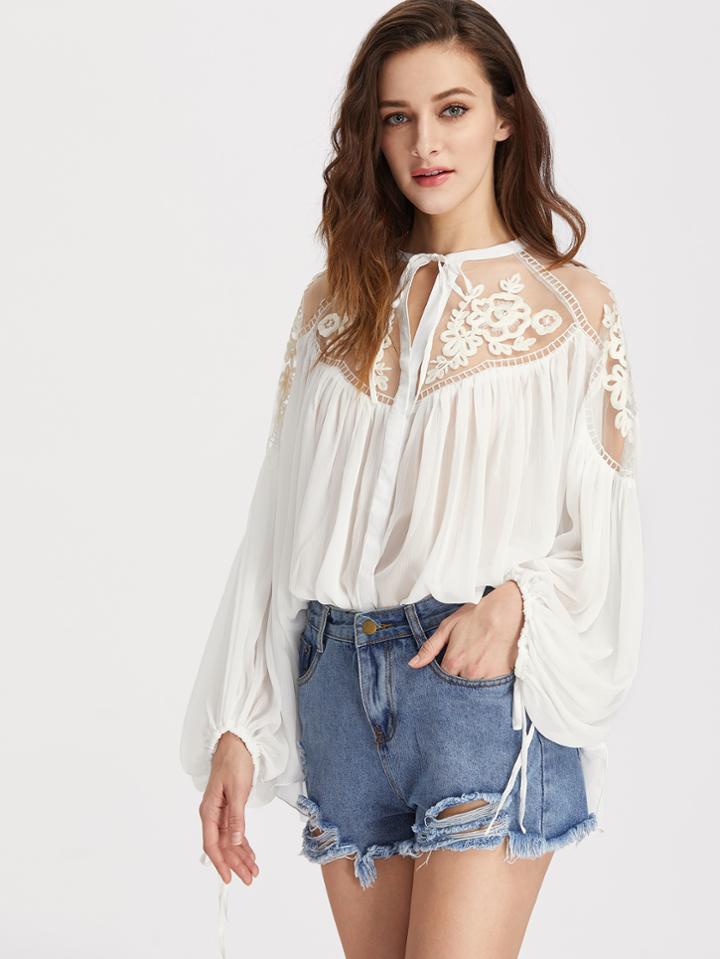 Shein Tie Front Applique Mesh Shoulder Lantern Sleeve Crinkle Top