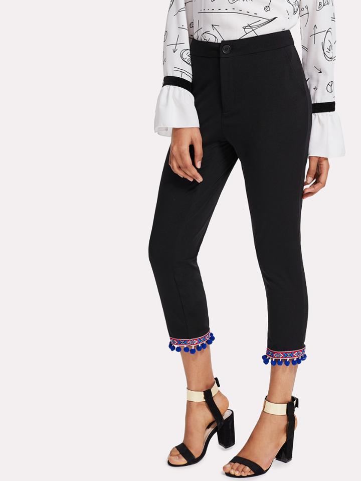 Shein Embroidered Tape Detail Pom Pom Hem Pants