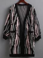 Shein Pink Contrast Zebra Stripe Lantern Sleeve Cardigan