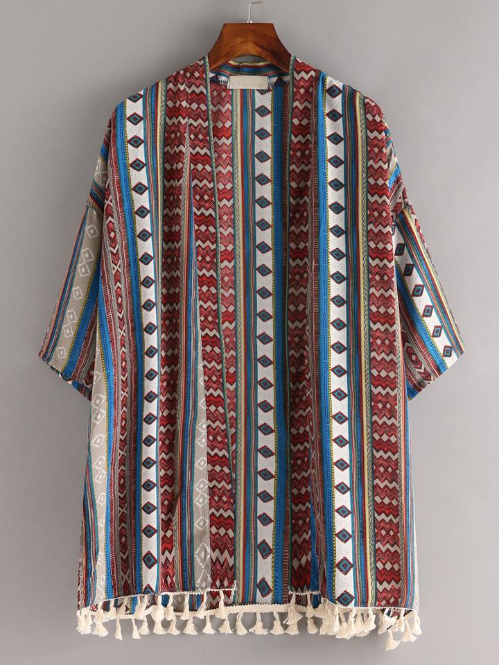 Shein Tassel Trimmed Blue Tribal Print Blouse
