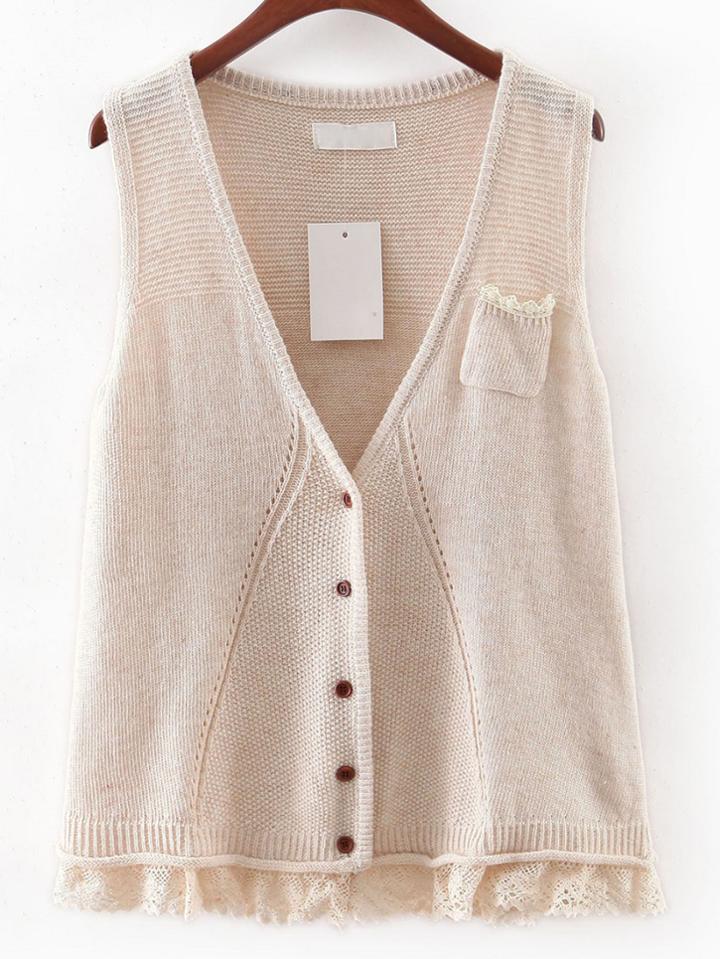 Shein Apricot V Neck Crochet Hem Button Sweater Vest
