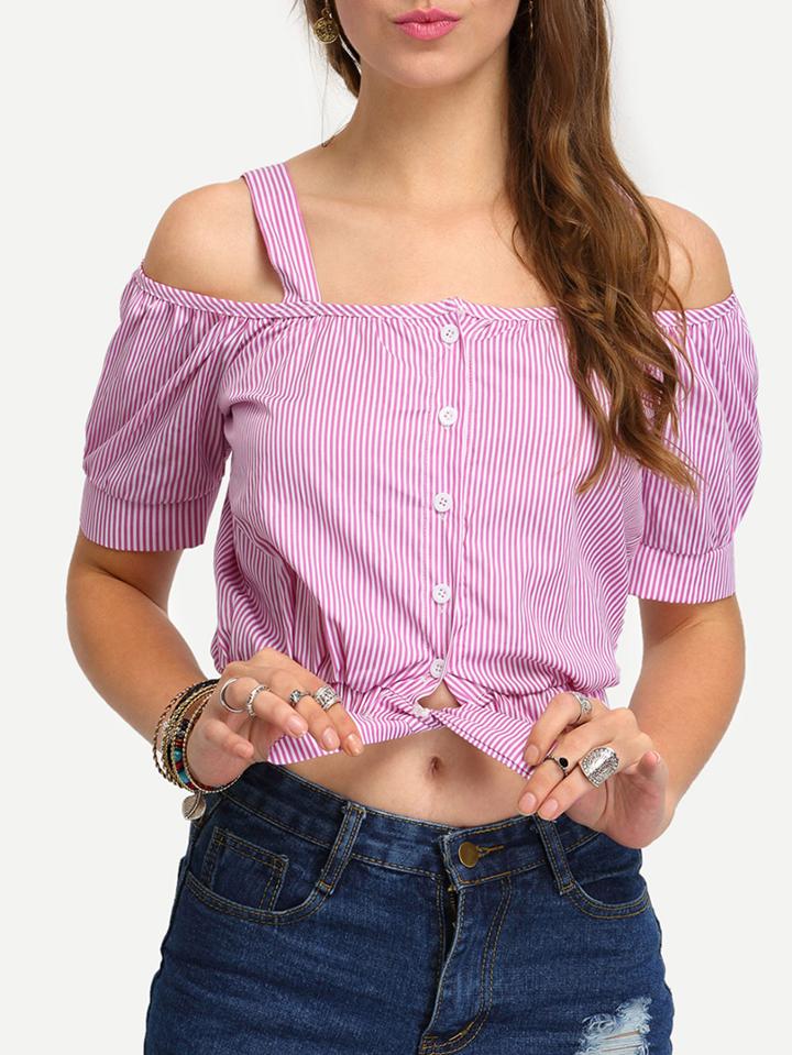 Shein Vertical Striped Cold Shoulder Crop Blouse - Pink