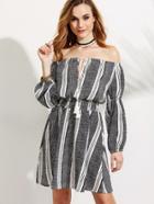 Shein Off The Shoulder Vertical Striped Lace Up Elastic Waist Dress