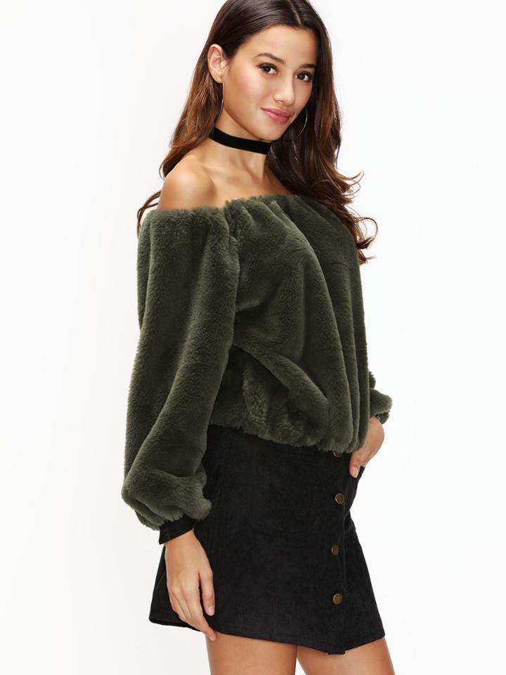 Shein Army Green Off The Shoulder Seam Fuzzy Sweatshirt