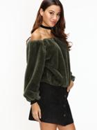 Shein Army Green Off The Shoulder Seam Fuzzy Sweatshirt