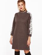 Shein Khaki Drop Shoulder Contrast Lace Trim Sweatshirt Dress