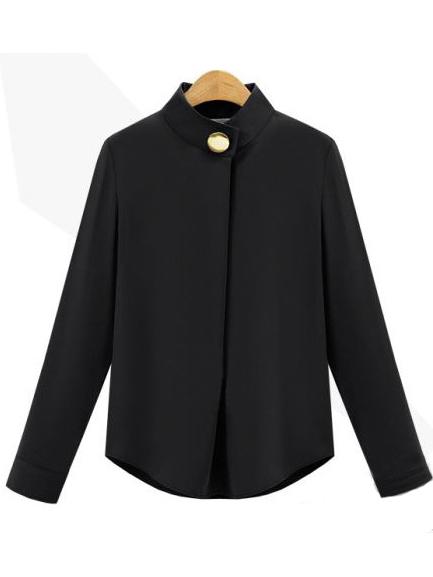 Shein Stand Collar Chiffon Single Button Black Shirt