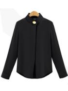 Shein Stand Collar Chiffon Single Button Black Shirt