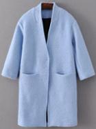 Shein Blue Hidden Button Pocket Wool Blend Coat