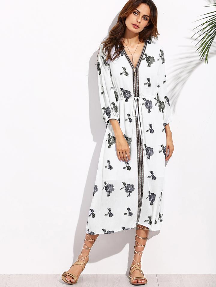 Shein White Print V Neck Tie Waist Midi Dress