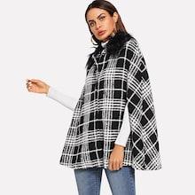 Shein Faux Fur Embellished Plaid Cape Coat