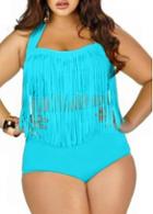 Rosewe Tassels Decorated Halter Neck Blue Swimwear