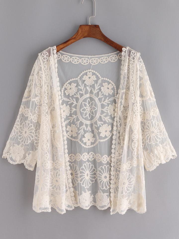Shein Apricot Sheer Mesh Lace Crop Cardigan