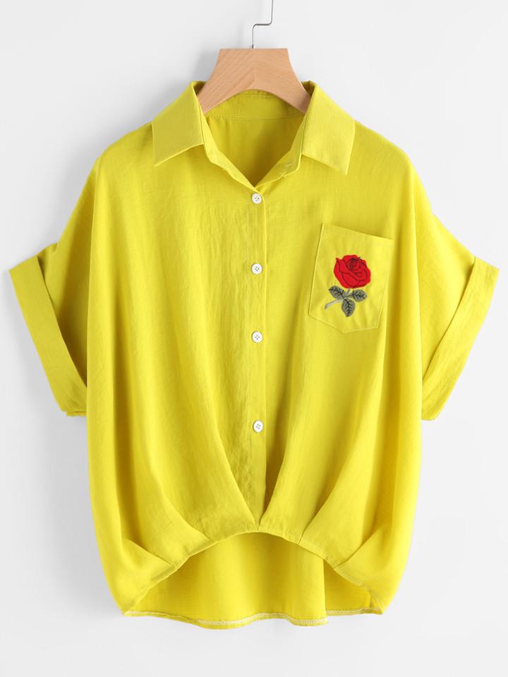 Shein Cuffed Rose Embroidered Dip Hem Shirt With Chest Pocket