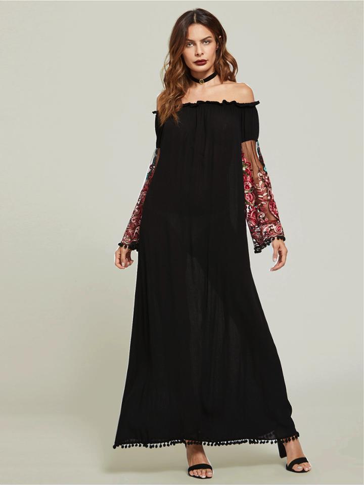 Shein Pom Pom Trim Embroidered Mesh Sleeve Bardot Dress