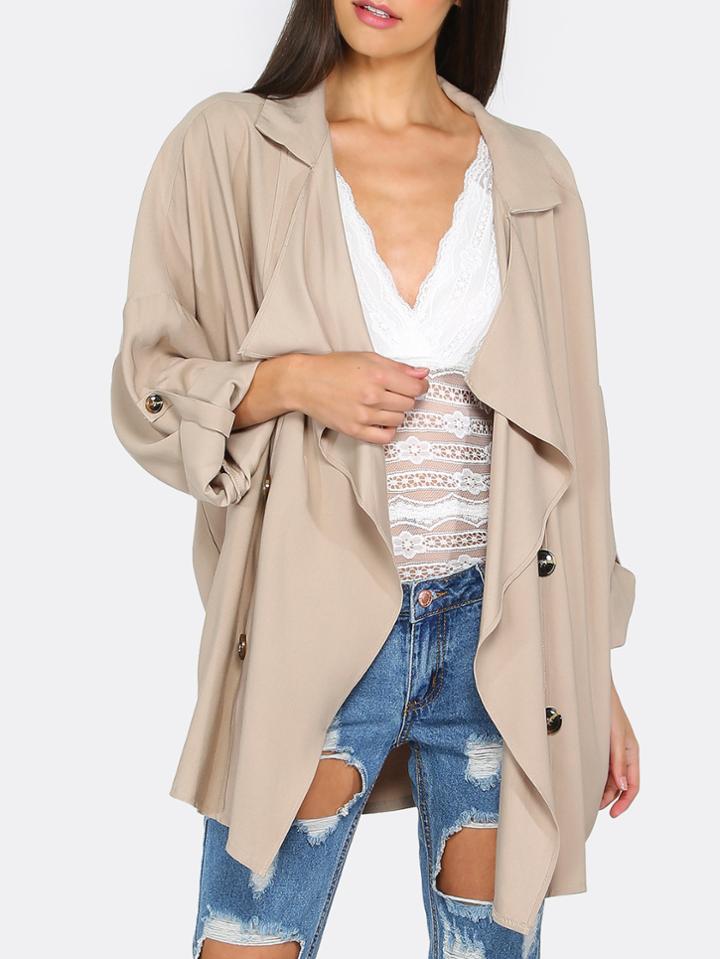 Shein Khaki Lapel Button Rolled Sleeve Outerwear