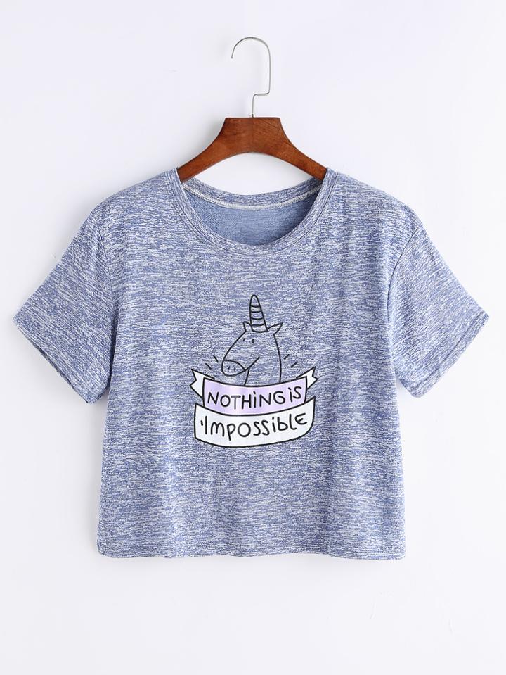 Shein Heather Blue Cartoon Print T-shirt