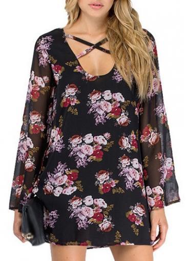Rosewe Vintage Flower Print Round Neck Long Sleeve Dress