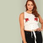 Shein Plus Rose Embroidered Applique Lace Up Front Top