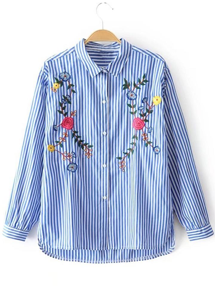 Shein Embroidered Flower Dip Hem Striped Blouse
