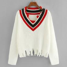 Shein Raw Cut Striped V-neck Sweater