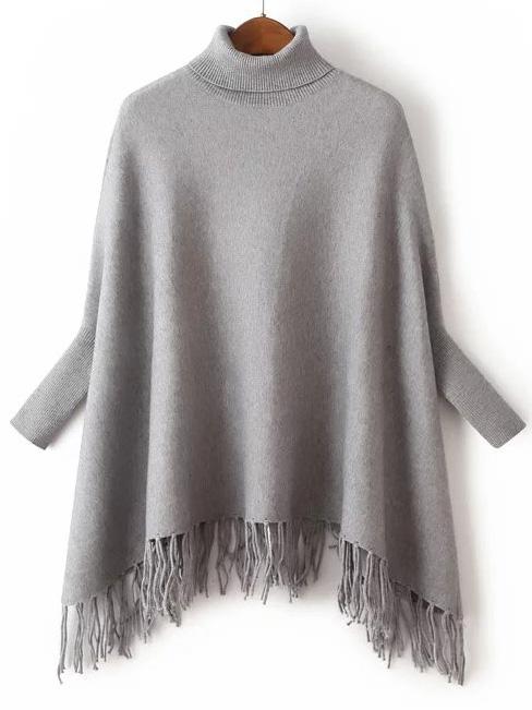 Shein Grey Turtle Neck Batwing Sleeve Fringe Cape Sweater