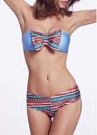 Rosewe Two Piece Bowknot Decorated Blue Striped Bikini