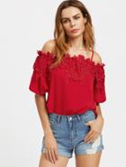 Shein Lace Applique Lantern Sleeve Cold Shoulder Top
