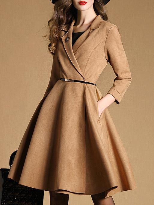 Shein Khaki V Neck Length Sleeve Drawstring Pockets Coat
