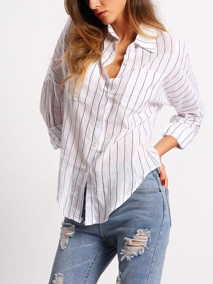 Shein White Vertical Stripe Pockets Loose Blouse