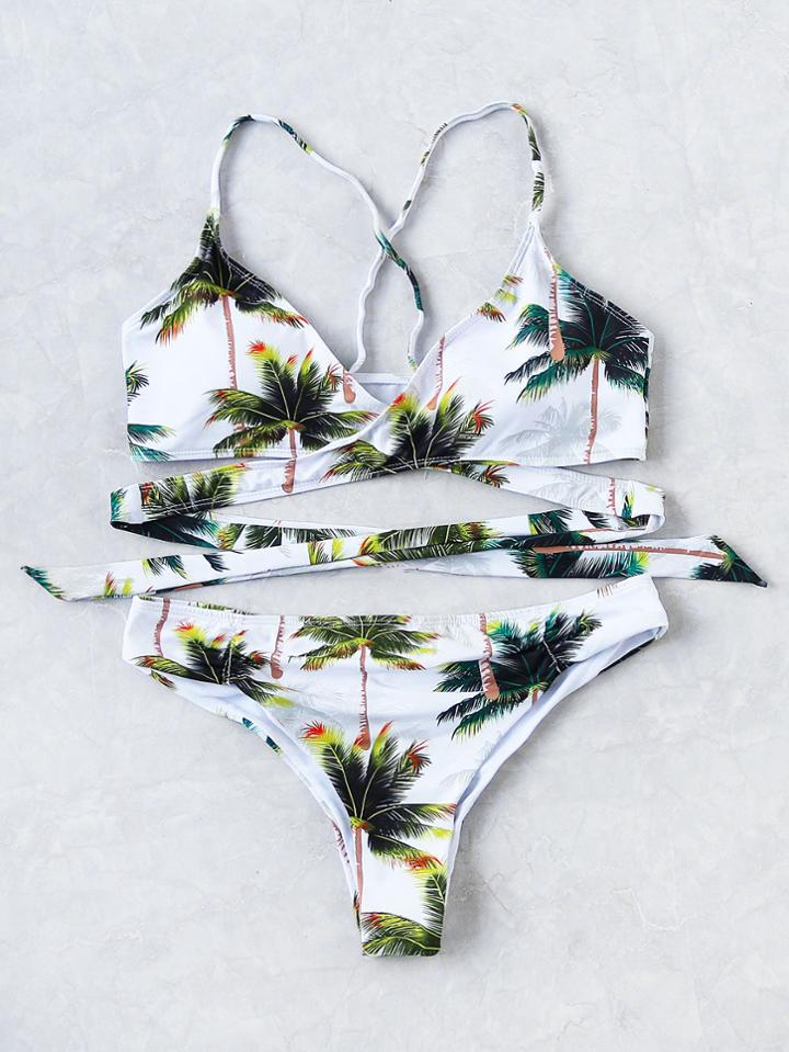 Shein Palm Tree Print Wrap Bikini Set