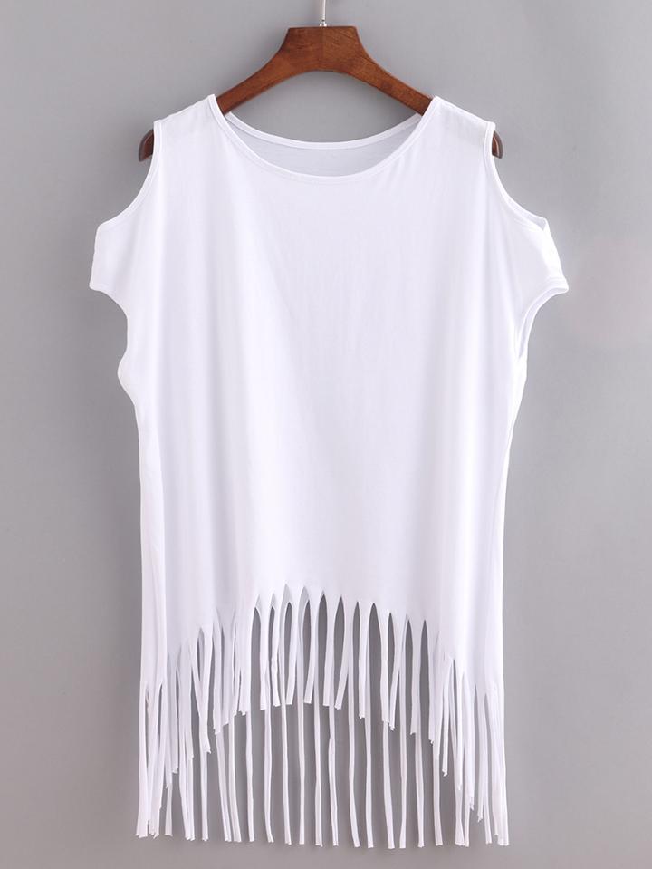 Shein White Open Shoulder Fringe Dip Hem T-shirt