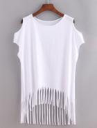 Shein White Open Shoulder Fringe Dip Hem T-shirt