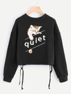 Shein Cat Print Tie Hem Sweatshirt